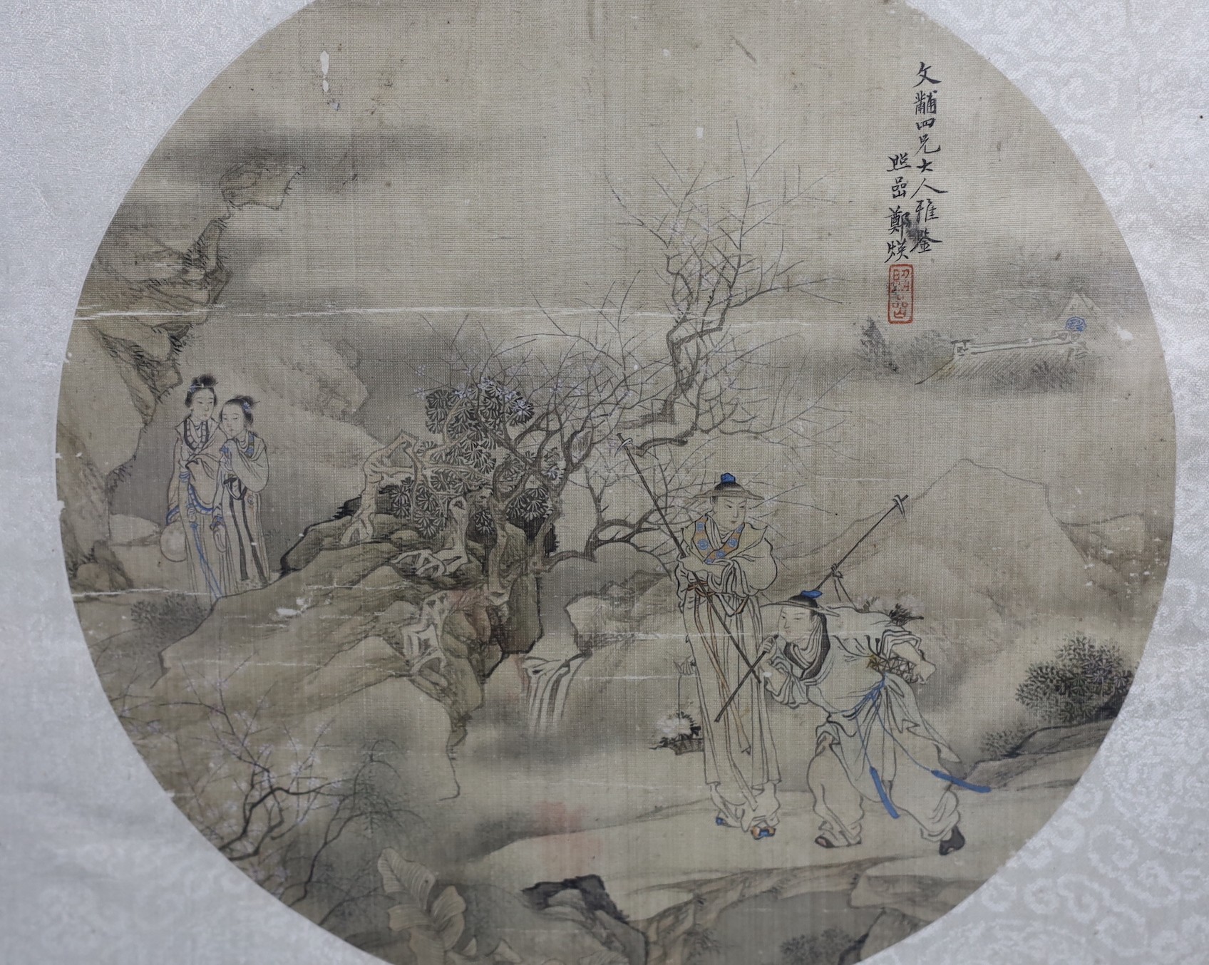 A 19th century Chinese painted silk circular rigid fan leaf, inscribed, 24.5cm diameter